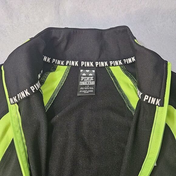 VICTORIA SECRET PINK Ultimate Sz L Neon Green & Black Athletic Half Zip Logo - Picture 5 of 6